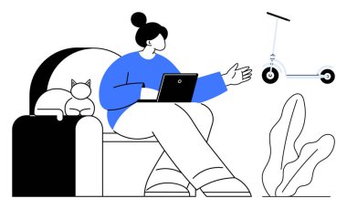 Tablet tutan bir kadın, scooter 'da el kol hareketi yapan bir kedi ve saksı bitkisinin yanındaki koltukta oturan bir kadın. Teknoloji, yaşam tarzı, uzaktan çalışma, ulaşım, evcil hayvanlar, boş zamanlardaki düz metafor için ideal