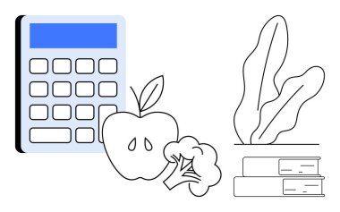 Hesap makinesi, elma, brokoli, yapraklı bitki ve kitaplar sağlıklı alışkanlıkların, öğrenmenin ve organizasyonun anahtar temalarını vurgular. Beslenme için ideal, sağlık eğitimi için denge planlama sadeliği