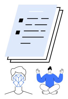 Bir yığın belge, yüz tanıma sistemi ve bağdaş kurarak meditasyon yapan biri. Farkındalık, iş dengesi, biyometri, kişisel bakım, dijital kimlik organizasyonu refahı için idealdir. Düz basit