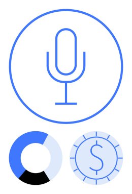 Turta grafiğinin üstünde dairesel çerçeveli mikrofon ve dolar işaretli sikke simgesi. Ses, podcast, iletişim, finans, veri analizi, bütçe, dijital araçlar, düz basit metafor için ideal