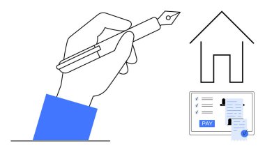 Ev alımını ya da yatırımı sembolize eden kalem imzalama belgesi. Doğrulama damgası ve ödeme düğmesi olan dijital belge, ev taslağı. Gayrimenkul, e-imza ve internet için ideal.