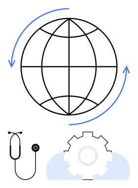 Dairesel okları olan dünya bağlantıyı simgeliyor, steteskop sağlık hizmetleri için, teçhizat teknoloji için. Yenilik, sağlık hizmetleri çözümleri, küresel bütünleşme, teknoloji, tıbbi gelişmeler için ideal