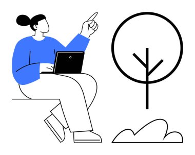 Dizüstü bilgisayarı tutan ve stilize bir ağaç ve bulutun yanında el kol hareketi yapan kişi. Eğitim, yaratıcılık, yenilik, büyüme, çevre, teknoloji ve karar verme için idealdir. Düz basit metafor