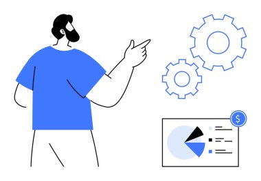 Pasta grafiği ve finansal verilerle viteslere bakan kişi, planlama, iş akışı, optimizasyon ve bütçeyi sembolize ediyor. İş stratejisi, analitik, takım çalışması, operasyon yeniliği için ideal