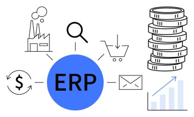 Fabrika, büyüteç, alışveriş arabası, bozuk para, grafik, para ve zarf ikonlarıyla ERP merkezi merkezi. Operasyonlar ve lojistik finansman iletişim analiz stratejisi için ideal