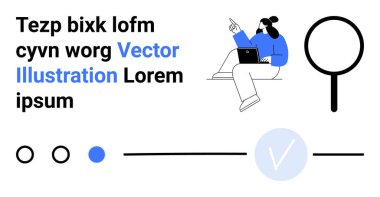 Dizüstü bilgisayarı olan bir adam, siyah-mavi mesaj, büyük büyüteç, işaretli daire ve üç ilerleme göstergesi çemberi. Çevrimiçi kurslar, teknik web siteleri, UXUI tasarımı, arayüz için ideal