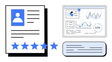 Fotoğraf, metin ve derecelendirme yıldızları içeren profil belgesi grafik, grafik ve tartışma baloncuklarını gösteren bir gösterge paneliyle eşleştirildi. İşe alım, insan kaynakları, performans değerlendirmesi ve değerlendirme için ideal