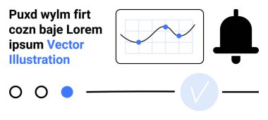 Veri noktalı grafikler, bildirim çanı simgesi, mavi kontrol işareti, ilerleme göstergeleri ve yer tutucu metni. Veri analizi, bildirimler, ilerleme takibi, kullanıcı arayüzü tasarımı için ideal