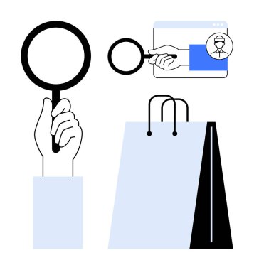 El ele tutuşan büyüteç, alışveriş torbası, kullanıcı profilli tarayıcı penceresi. E-ticaret, arama, çevrimiçi alışveriş, profil analizi, müşteri odağı, perakende trendleri için ideal düz metafor