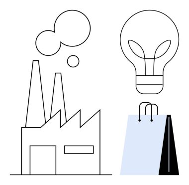 Duman yayan fabrika, yeniliği sembolize eden ampul, tüketici ürünlerini gösteren alışveriş torbası. Sürdürülebilirlik, endüstri, yenilik, enerji, alışveriş çevresi üretimi için ideal. Düz