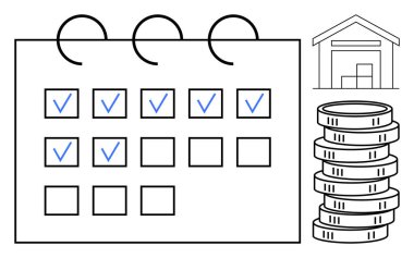 İşaretli görevler, istiflenmiş paralar ve depo takvimi. Finans, bütçe, planlama, verimlilik, envanter tasarruf organizasyonu için ideal. Temiz düz basit metafor