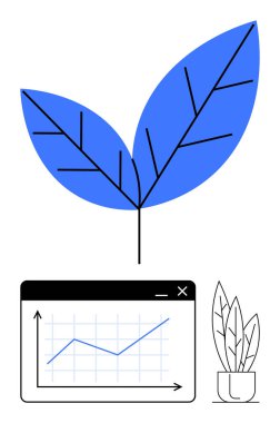 Mavi yapraklar, yükselen eğilimleri gösteren bir grafiğin üzerindeki eko-büyümeyi sembolize ediyor, yanında da çömlekteki küçük bir bitki var. Çevre, analitik, iş dünyası, eko-farkındalık, yatırım, ilerleme için ideal