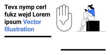 Bir blok üzerinde oturan kadın cep telefonundan el hareketi ve yer tutucu metnin yanında kitap okuyor. Modern tasarım, okuma, mobil kullanım, dikkat temaları, yer tutucu içeriği, dijital