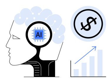 İnsan beyni profilinde yapay zeka mikroçipi, dolar işareti simgesi ve yukarı doğru grafik oku. Teknoloji, yenilik, finans, yapay zeka eğilimleri, ekonomik büyüme, dijital dönüşüm veri güdümlü içgörüler için ideal