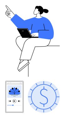 Dizüstü bilgisayarda çalışan ve yukarı bakan dijital para birimi ve yakınlardaki uygulama arayüzü üzerinde çalışan bireyler. Teknoloji, yaratıcılık, yenilik, finans, eğitim, iletişim için ideal