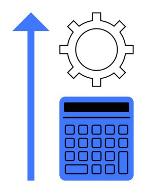 Yukarı bakan mavi ok, süreci ve otomasyonu sembolize eden vites, finansal hesaplama için hesap makinesi. Ticari büyüme, üretkenlik, finans, verimlilik, planlama ve yenilik için ideal