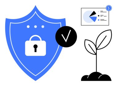 Kilitli kalkan veri güvenliğini simgeler. Büyüme santrali sürdürülebilirliği simgeler. Analiz grafiği finansal sezgiler gösteriyor. Siber güvenlik, finans, büyüme, sürdürülebilirlik ve analitik için ideal