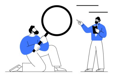 Bir lider el kol hareketi yaparken ve yön verirken, adam elinde büyüteçle diz çöküp verileri inceliyor. Takım çalışması, liderlik, analiz, problem çözme, karar verme, araştırma, üretkenlik için ideal