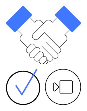 İşaretli ve görüntülü arama simgeleriyle anlaşmayı sembolize eden iki el. İş, takım çalışması, müzakere, uzaktan çalışma, işbirliği, güven ve teknoloji için ideal. Düz basit metafor