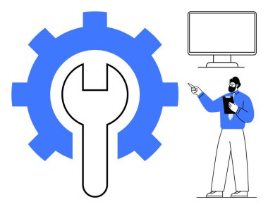 Ekranı işaret eden bir profesyonelin yanında büyük ölçekli teçhizat ve anahtar sembolü, tamirat, bakım, teknoloji desteği ve mekanik kavramları vurguluyor. Yenilik ve iş akışı için ideal