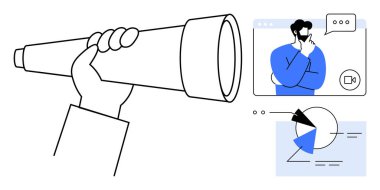 Elinde teleskop, video görüşmesi, pasta çizelgesi ve veri grafikleri üzerinde kafa yoran bir adam. Keşif, analiz, görüş, iletişim, gözlem stratejisi keşfi için ideal. Düz basit metafor