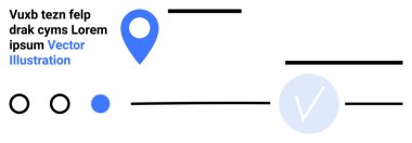 Mavi coğrafi konum simgesi, yer tutucu, dairesel şekiller, çizgiler ve işaretli metin. Web tasarımı, konum hizmetleri, modern UI, minimalist temalar teknik sunumlar için idealdir