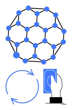 Mavi geometrik engelleme ağı, dairesel oklar işlem akışını, el ele tutuşmayı gösteriyor. Engelleme zinciri, finans, teknoloji, işlemler, ademi merkeziyet veri kriptosu için idealdir. Düz