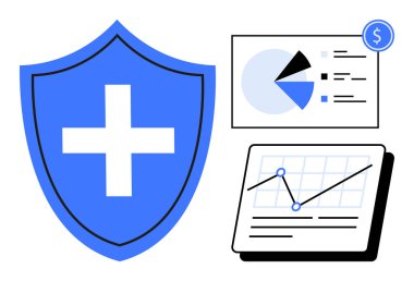 Çapraz sembollü mavi kalkan, pasta grafiği, çizgi grafiği ve dolar işareti finansal güvenlik, sağlık, veri analizi, risk yönetimi, yatırım stratejisi ve güvenilirliği temsil ediyor. İdeal