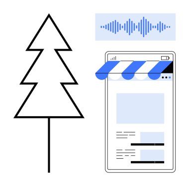 Minimum çam ağacı, dalga formu grafiği, mağaza tarzı web sayfası arayüzü. Sürdürülebilirlik, e-ticaret, teknoloji, ekoloji, iletişim, yenilenebilir enerji yeniliği için idealdir. Düz basit metafor