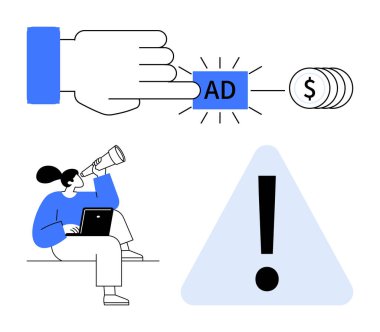 Parayla bağlantılı reklam düğmesine basmak, teleskopla analiz eden kişi, ünlem işareti ile uyarı işareti. Dijital pazarlama, maliyet yönetimi, çevrimiçi reklamlar, hedef kampanyalar, analizler için ideal