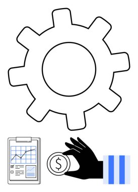 Dişlileri sembolize etme süreci, grafikler, el ele tutuşmalar ve çizgili kollarla rapor verimlilik, finans, planlama, yatırım, takım çalışması büyümesi ve stratejisini ortaya koyuyor. Düz basit metafor