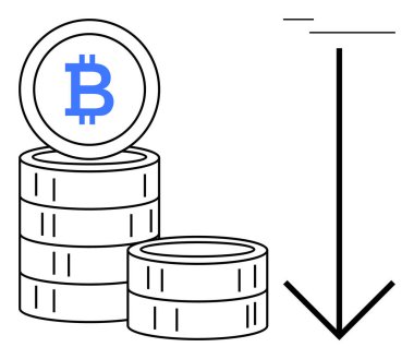 İçinde Bitcoin logosu olan bozuk para yığınları azaldığını gösteren aşağı doğru keskin bir okun yanında. Kripto para, finans, piyasa eğilimleri, yatırım, ekonomi, dengesizlik ve para için ideal. Çok basit.