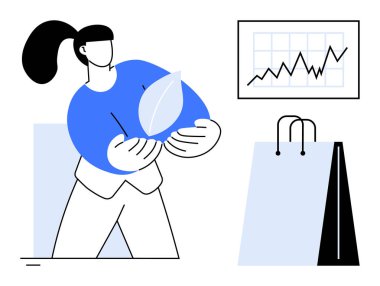 Kadın, bir alışveriş torbası ve büyüme grafiğinin yanında ekolojik bilinci sembolize eden bir yaprak tutuyor. Sürdürülebilirlik, iş büyümesi, alışveriş, çevre dostu uygulamalar, çevre bilinci için ideal