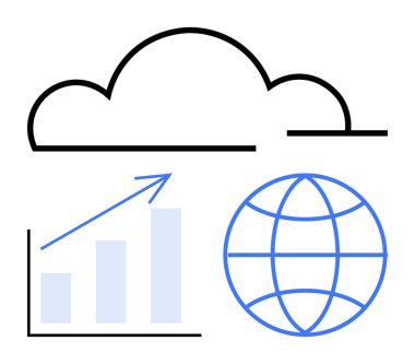 Bulut çizgisi, yükselen bar tablosu ve küreselleşme büyümeyi, veri bağlantısını ve küresel erişimi görselleştiriyor. Teknoloji, iş büyümesi, bulut hesaplaması, küreselleşme analitik ağı için ideal