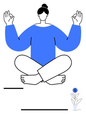 Meditasyonda bağdaş kurarak oturan kişi sakin bir ifadeyle durarak farkındalığı, zihinsel berraklığı ve refahı temsil eder. Sağlık, meditasyon, farkındalık, özbakım ve denge için ideal.