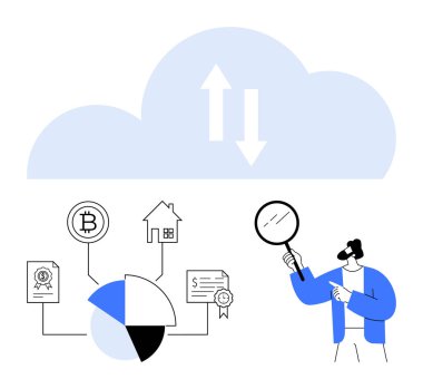 Adam dosyaları inceler ve büyüteç altında zincire vurur. Bulut okları da veri alışverişini simgeler. Fintech, veri analizi, engelleme zinciri, finans, emlak, bulut hesaplama için ideal