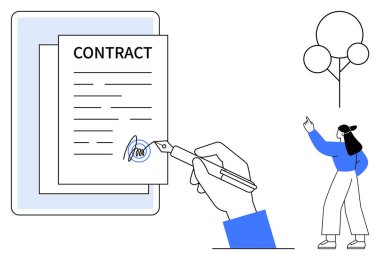 Panoda el ele tutuşan kalem imzalama sözleşmesi var. Kadın el kol hareketi yapıyor ve arka planda çok az ağaç var. Anlaşma için ideal, yasal, iş, karar verme, ortaklık, belgeler, müzakere