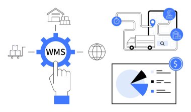 Dişli ikonlu WMS, bağlı lojistik haritası, depo, grafikler, dağıtım kamyonu, küresel bağlantı. Lojistik, tedarik zinciri, envanter kontrol verileri verimlilik maliyet analizi için ideal