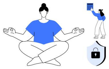 Nilüfer çiçeği pozunda meditasyon yapan bir kadın, kilitli dijital takvim kalkanı kullanan bir diğeri ise güvenliği işaret ediyor. Sağlık, farkındalık, öz bakım, organizasyon, verimlilik, siber güvenlik, zihinsel