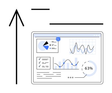Sayısal gösterge paneli pasta grafiklerini, grafikleri, veri eğilimlerini ve büyüme ölçümlerini gösteriyor. Yukarıya doğru büyük ok ilerlemeyi ve gelişmeyi simgeler. Analiz, performans takibi, strateji ve planlama için ideal