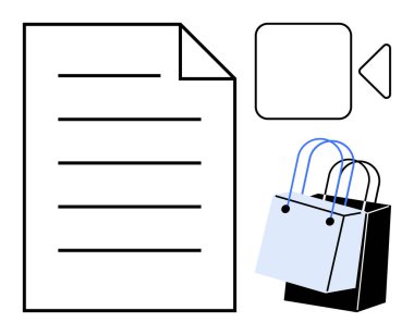 Metin satırlı belge simgesi, video oynatma tuşu ve iki alışveriş çantası. Çevrimiçi alışveriş, e-ticaret, dijital makbuzlar, video incelemeleri, çevrimiçi belgeler, perakende pazarlama tüketicisi için ideal