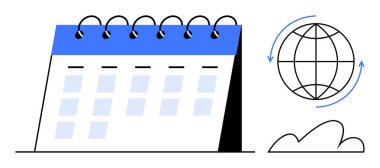 Dünya çapındaki bağlantıları, planlamayı ve zamanlamayı sembolize eden spiral bağlanmalı masa takvimi. Organizasyon, üretkenlik, zaman yönetimi, küresel etkinlikler, seyahat, eğitim için ideal