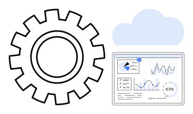 Grafikleri ve grafikleri gösteren gösterge panelinin yanındaki vites ve bulut sembolü. Teknoloji, otomasyon, analitik, bulut hizmetleri, veri entegrasyonu, işlemler, yenilik için ideal. Düz basit metafor