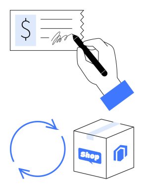 El imzası çeki, dairesel dönüş okları ve ödeme, geri ödeme, nakliye ve çevrimiçi alışverişi temsil eden mağaza etiketli kutu. E-ticaret, geri dönüşler, lojistik finansman perakende satış dairesi için ideal