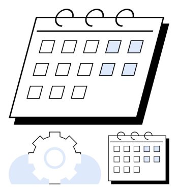 Vurgulanmış tarihler, sarmal bağlayıcı ve dişli simgesi olan takvim. Planlama, zaman yönetimi, verimlilik, organizasyon, iş akışı programlama hatırlatmaları için idealdir. Basitleştirilmiş düz metafor