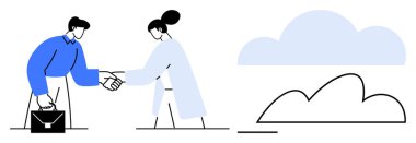 Meslektaşlar ellerinde evrak çantasıyla el sıkışıyor, ortaklığı, takım çalışmasını ve iletişim kurmayı simgeliyor. İş, işbirliği, anlaşma, takım çalışması, profesyonellik ağı ve büyüme için ideal