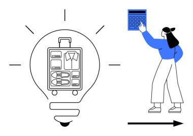 Hesap makinesi olan bir kadın ampulün içindeki bavulla temsil edilen seyahat gereksinimlerini karşılar. Seyahat, organizasyon, bütçe, yenilik, verimlilik, fikir planlaması için idealdir. Modern düz basit