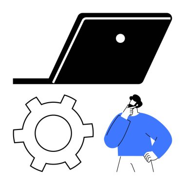 İnsan dizüstü bilgisayarın ve teçhizatın yakınına kafa yoruyor, yaratıcılığı, analizi, teknolojiyi, verimliliği ve fikri sembolize ediyor. Sorun çözme, planlama, takım çalışması teknik çözümler için idealdir.