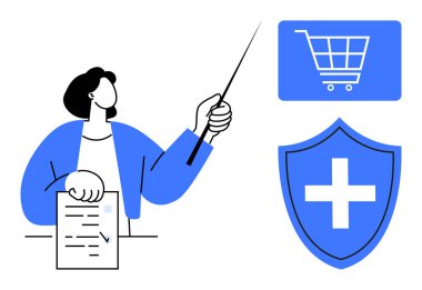 Kadın belgeyi tutarken işaretçi kullanarak el arabası simgesini ve kalkanı işaret ediyor. Çevrimiçi alışveriş, güvenlik, sağlık, e-ticaret, sigorta, dijital güvenlik, karar verme mekanizması için ideal. Düz