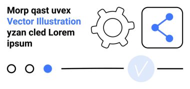 Soyut UI ögeleri arasında bir dişli simgesi, birbirine bağlı noktalar, boş dairesel düğmeler ve bir metin bölümü bulunan bir paylaşım simgesi bulunmaktadır. Teknoloji arayüzleri, sosyal medya, bağlantı kavramları ve uygulama için ideal